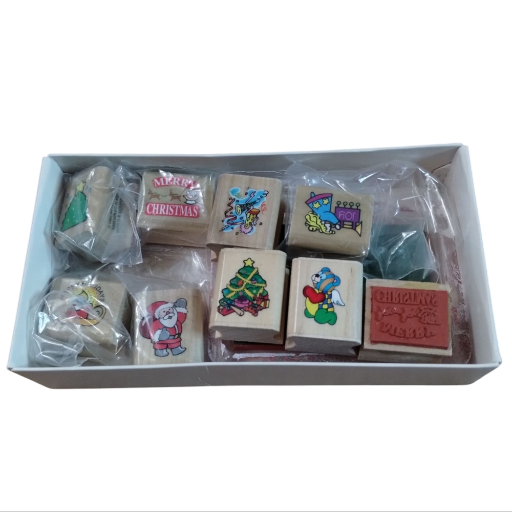 Noteworthy Wooden Rubber Stamp Lot Christmas Holidays Bear Santa Angel 10 Items